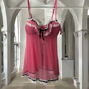 Jezebel Pink Sheer Lace Trim Babydoll Lingerie Size Small NWT‎
